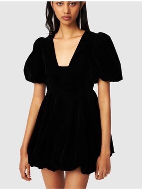 Par Violet National Anthem Black Puff-Sleeve Velvet Mini Dress XXS